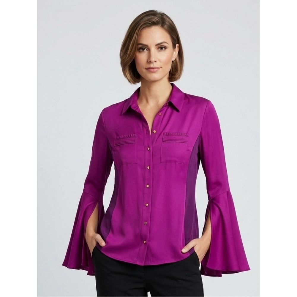 Elie Tahari Silk Magenta Purple Bell Sleeve Button Down Blouse Top size M